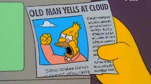 Old man shakes fist at cloud