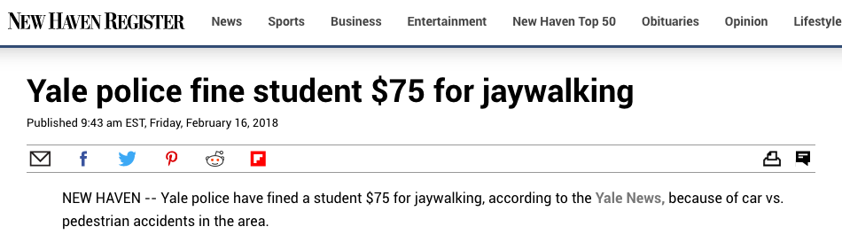 A 23-word article on the New Haven Register website about jaywalking