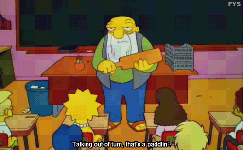 The Simpsons' Jasper threatening kids with a paddlin'